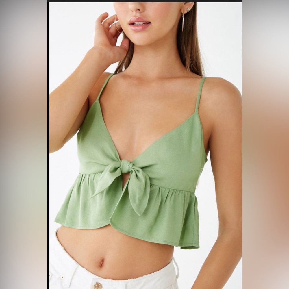 Forever 21 Sage Green Tie Front Peplum Cami Top Size L